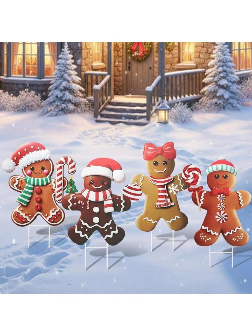 4 Pack Christmas Gingerbread Man Yard Stakes - 15.75 Inch Outdoor Decor for